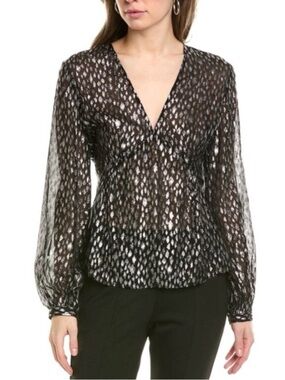 The Kooples Sparking Leo Top Black Sheer V-Neck Metallic Print Blouse Size 0 NWT